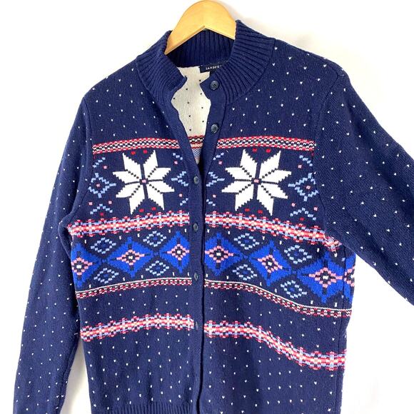 VTG Lands End Fair Isle Cardigan Sweater Women L Blue Cotton‎ Wool Blend Nordic - Picture 4 of 8